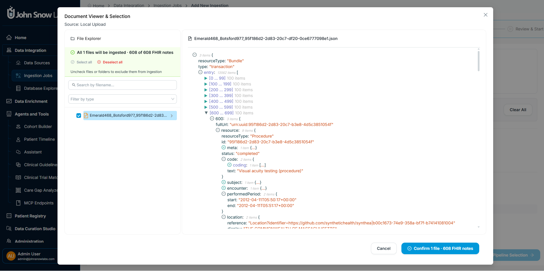 Document viewer showing FHIR resource preview with note selection controls